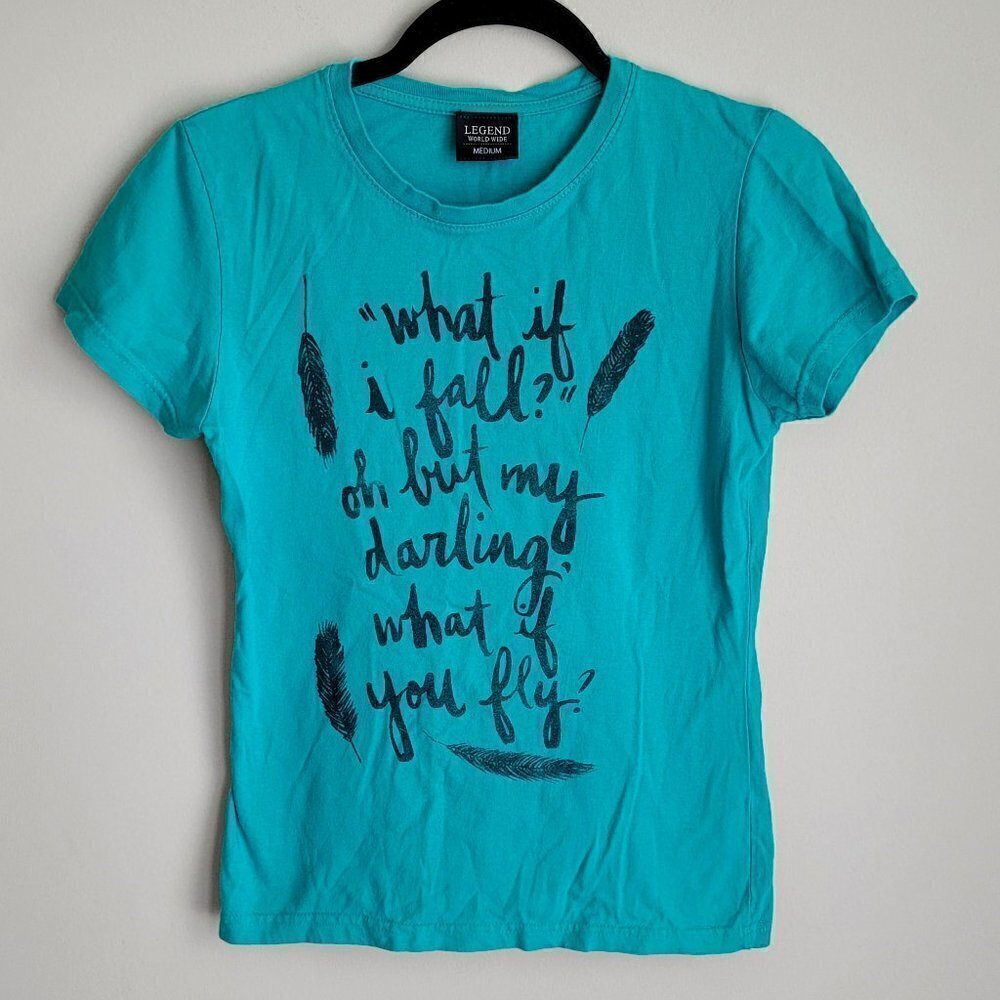 Legend Turquoise 100% Cotton Graphic Feathers Text Scoop Neck T-Shirt Top